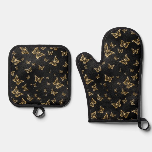 Chic Gold Glam Schmetterlinge auf schwarz Ofenhandschuh & Topflappen-Set (Vorderseite)