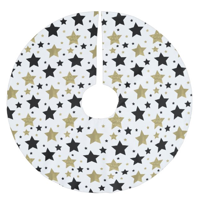 Chic Gold Glam und Black Stars Polyester Weihnachtsbaumdecke (Vorderseite)