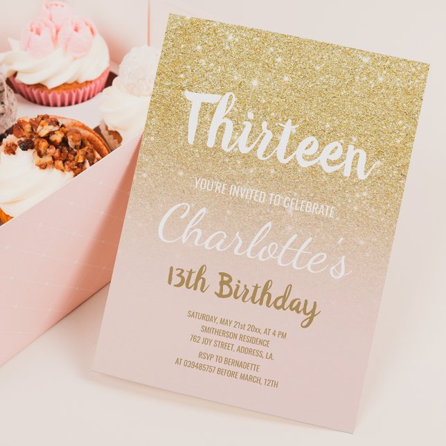Chic gold glitter ombre script thirteen Birthday Einladung (Von Creator hochgeladen)