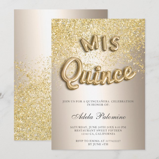 Chic Gold Glitzer Ballons Chic-Folie Quinceañera Einladung (Vorne/Hinten)