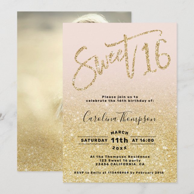 Chic Gold Glitzer Chic Drehbuch Schwarz Sweet 16 F Einladung (Vorne/Hinten)