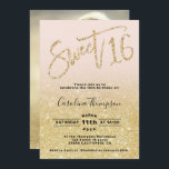 Chic Gold Glitzer Chic Drehbuch Schwarz Sweet 16 F Einladung<br><div class="desc">Moderne,  schicke und elegante Gelbgold Glitzer ombre,  süße 16-Geburtstagsfolien-Party Einladung mit einer modernen 16-Typografie mit gelber Goldfolie und Glitzern-Glitzer auf einem essbaren pastellfarbenen rosa Hintergrund. Fügen Sie Ihr Foto auf der Rückseite ein oder verlasse einen rosa Hintergrund. Perfekt für die Prinzessin Thema Sweet 16!</div>