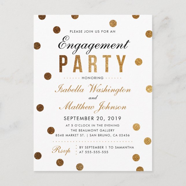 Chic Gold Glitzer Confetti Engagement Party Einladungspostkarte (Vorderseite)