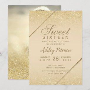 Chic gold Glitzer Drehbuch Elfenbein Foto Sweet 16 Einladung