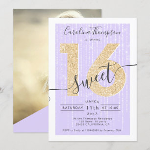 Chic Gold Glitzer Drehbuch Lavendel Sweet 16 Foto Einladung