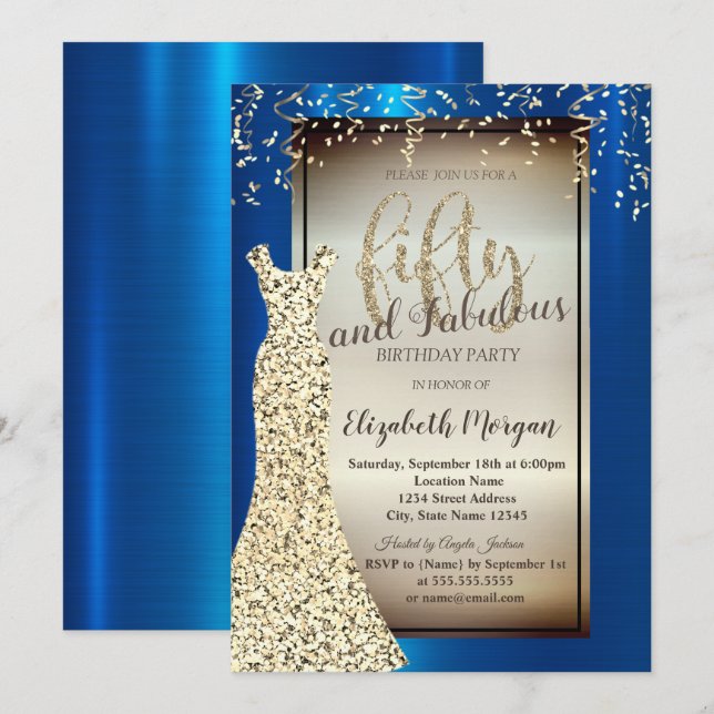Chic Gold Glitzer Dress, Confetti Royal Blue 50. Einladung (Vorne/Hinten)