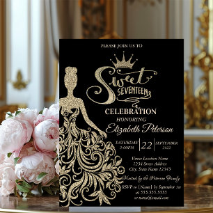 Chic Gold Glitzer Dress, Tiara Black Quinceañera Einladung