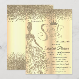 Chic Gold Glitzer Dress, Tiara, Diamonds Sweet 16 Einladung
