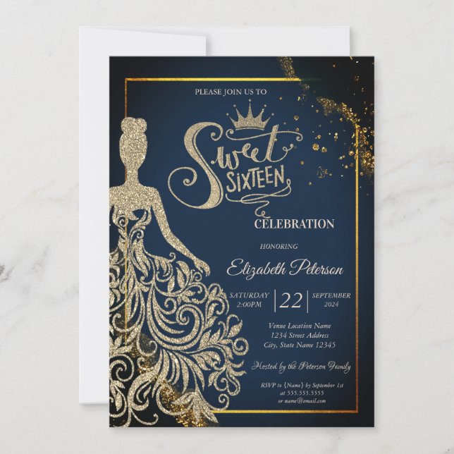 Chic Gold Glitzer Dress, Tiara Navy Blue Sweet 16 Einladung (Vorderseite)