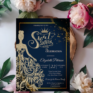 Chic Gold Glitzer Dress, Tiara Navy Blue Sweet 16 Einladung