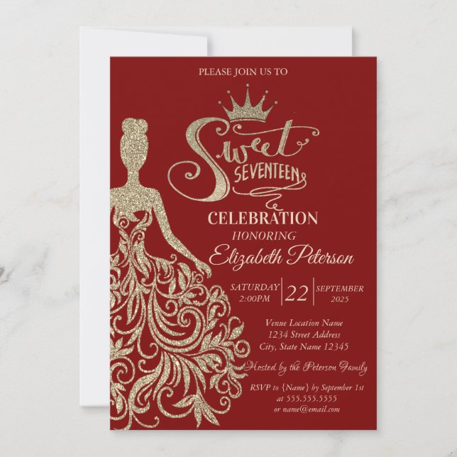 Chic Gold Glitzer Dress, Tiara Red Sweet siebzehn Einladung (Vorderseite)