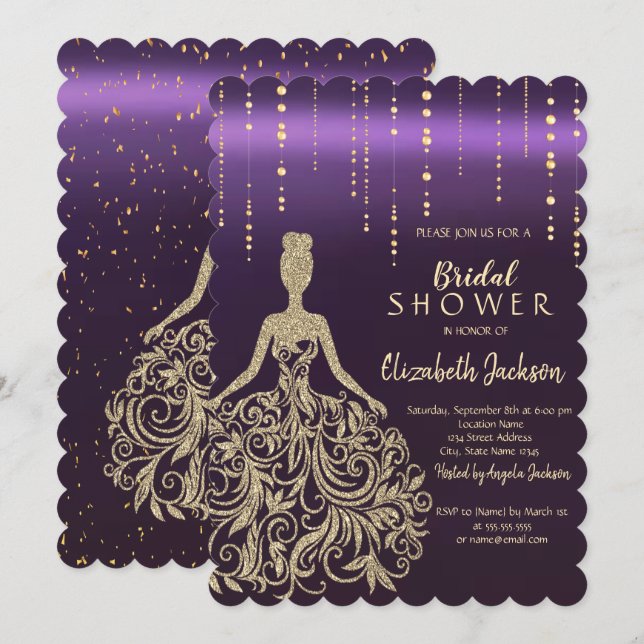 Chic Gold Glitzer Dress Violet Brautparty Einladung (Vorne/Hinten)