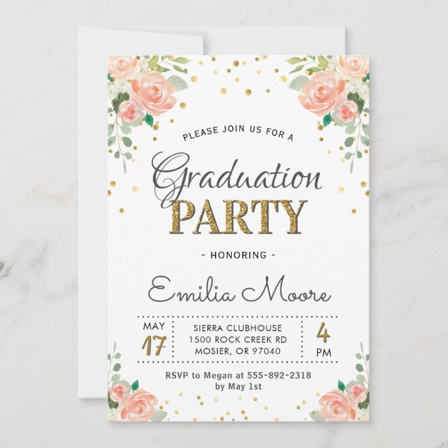 Chic Gold Glitzer Floral Peony Graduation Party Einladung (Vorderseite)