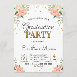 Chic Gold Glitzer Floral Peony Graduation Party Einladung