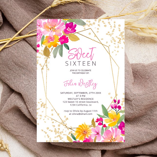 Chic gold Glitzer florale Aquarell Foto Sweet 16 Einladung (Garden bright hand painted floral watercolor Sweet 16 invitation)