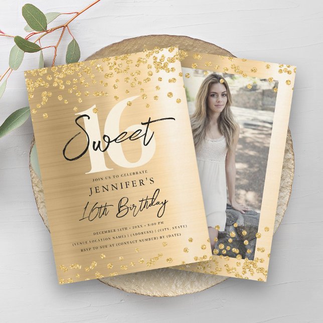 Chic Gold Glitzer Foto Sweet 16 Party Einladung (Chic Gold Glitter Photo Sweet 16 Party Invitation)