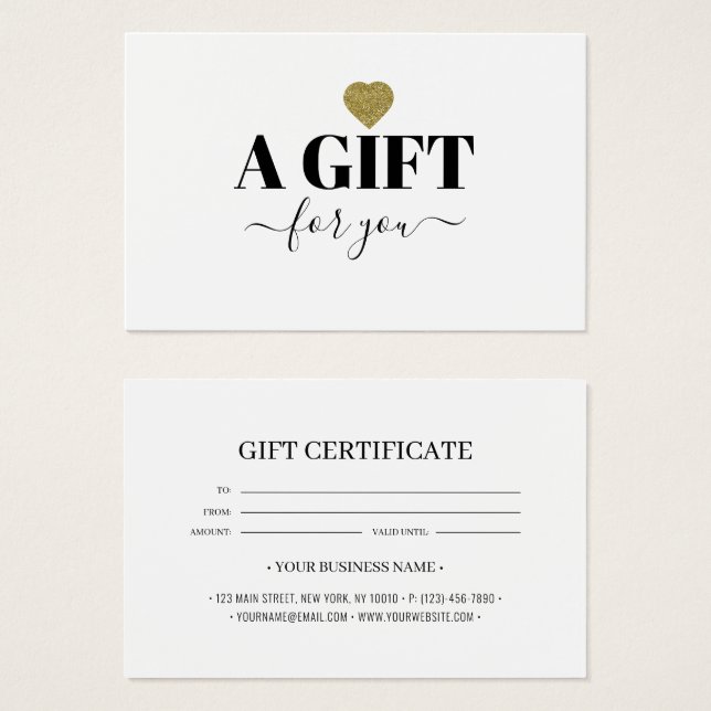 Chic Gold Glitzer Heart Geschenkgutschein (Vorne & Hinten)