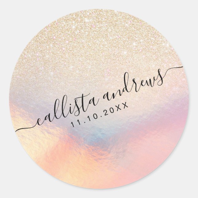 Chic Gold Glitzer Iridescent Holographic Gradient Runder Aufkleber (Vorderseite)
