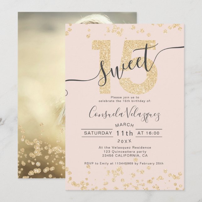 Chic gold Glitzer Konfetti Rose Quinceanera Foto Einladung (Vorne/Hinten)