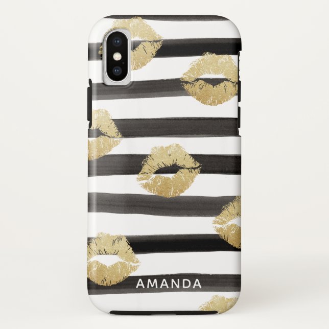 Chic Gold Glitzer Lippen & Streifen Monogramm Case-Mate iPhone Hülle (Rückseite)