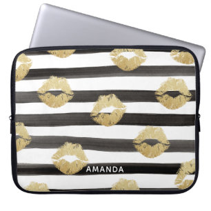 Chic Gold Glitzer Lippen und Streifen Monogramm Laptopschutzhülle