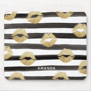 Chic Gold Glitzer Lippen und Streifen Monogramm Mousepad