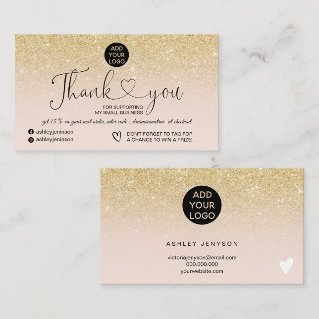 Chic gold Glitzer Logo rot pink Reihenfolge danke Visitenkarte (Vorne/Hinten)