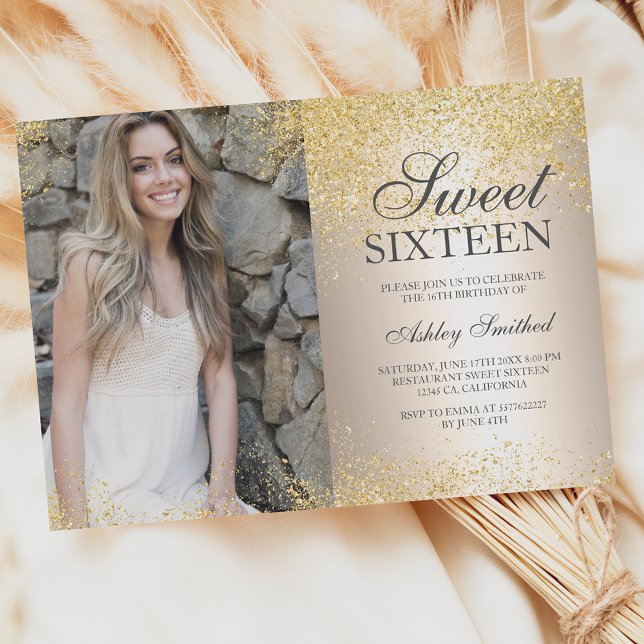 Chic gold Glitzer Metallisches Foto Sweet 16 Einladung (Von Creator hochgeladen)