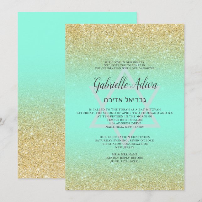 Chic Gold Glitzer Minze aquamarine Drehbuch Bat Mi Einladung (Vorne/Hinten)