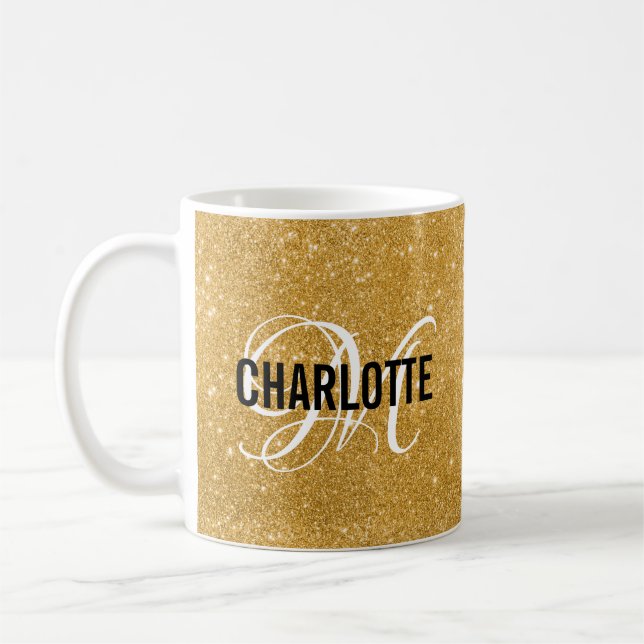 Chic gold Glitzer Monogramm Name Kaffee Tasse (Links)