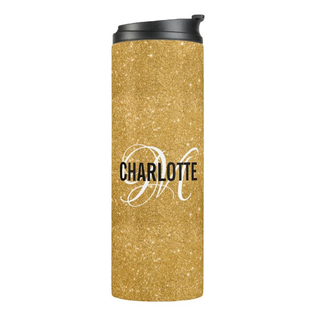 Chic gold Glitzer Monogramm Name Thermosbecher (Nach links gedreht)