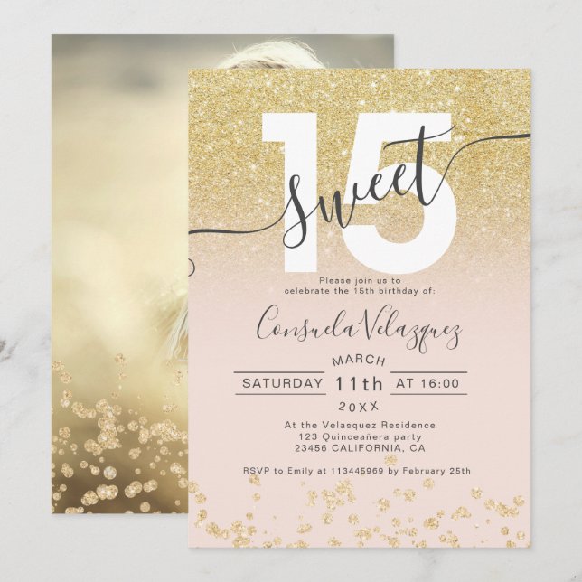 Chic gold Glitzer ombre blush Quinceanera Foto Einladung (Vorne/Hinten)