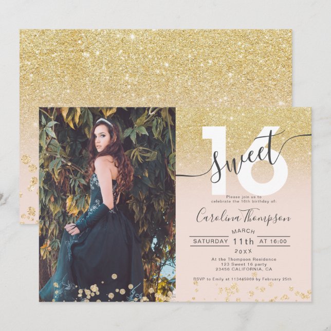 Chic gold Glitzer ombre Foto rot Sweet 16 Einladung (Vorne/Hinten)