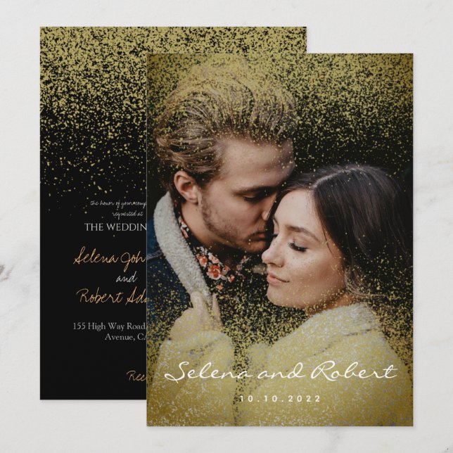Chic Gold Glitzer Overlay Foto Hochzeit Einladung (Vorne/Hinten)