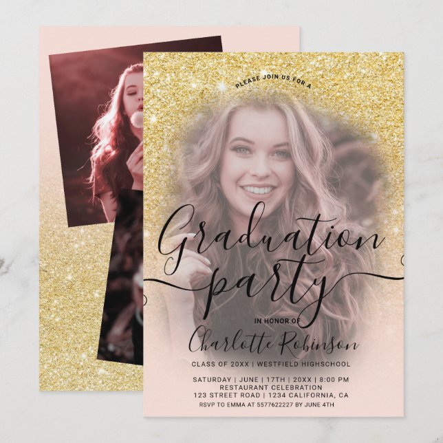 Chic gold Glitzer pink ombre 3 Fotos Abschluss Einladung (Vorne/Hinten)