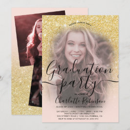 Chic gold Glitzer pink ombre 3 Fotos Abschluss Einladung