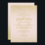 Chic gold Glitzer rot Rosa Drehbuch Bat Mitzvah Einladung<br><div class="desc">Chic gold Typografie und Gold Glitzer ombre rot Rosa Bat Mitzvah Party Einladung. Der pastellrosa Hintergrund ist vollständig anpassbar. Fügen Sie Ihren hebräischen Namen hinzu.</div>