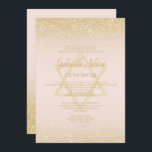 Chic gold Glitzer rot Rosa Drehbuch Bat Mitzvah Einladung<br><div class="desc">Chic gold Typografie und Gold Glitzer ombre rot Rosa Bat Mitzvah Party Einladung. Der pastellrosa Hintergrund ist vollständig anpassbar. Fügen Sie Ihren hebräischen Namen hinzu.</div>