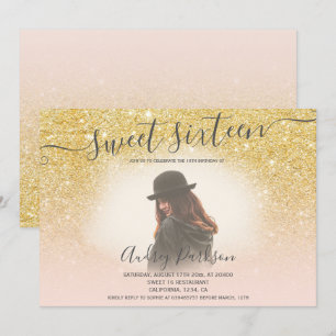 Chic gold Glitzer rot Rosa Girly Sweet 16 Foto Einladung