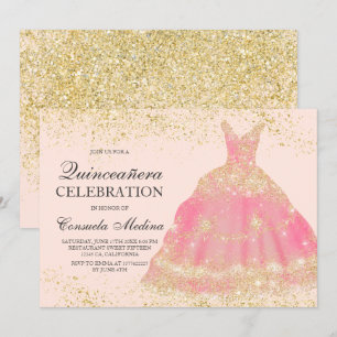 Chic gold Glitzer rot rosa Kleid Quinceañera Einladung