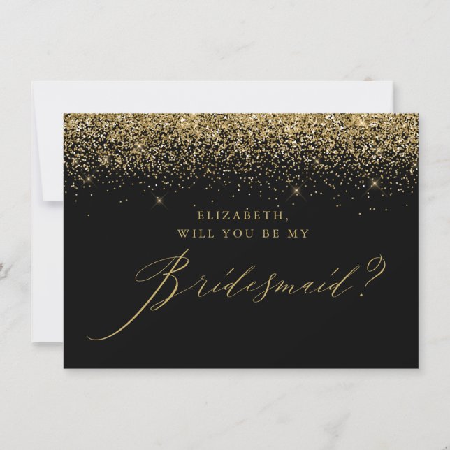 Chic Gold Glitzer Script Black Bridesmaid Einladung (Vorderseite)