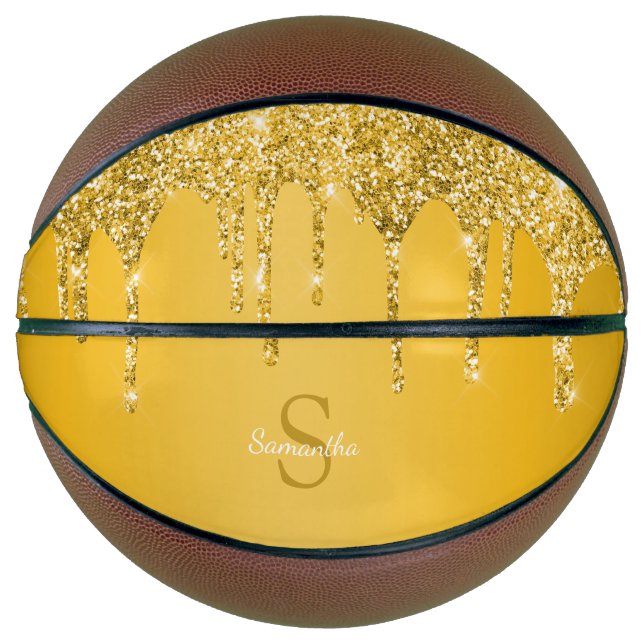 Chic Gold Glitzer Tropfen Sparkle Monogram Name Basketball (Vorderseite)