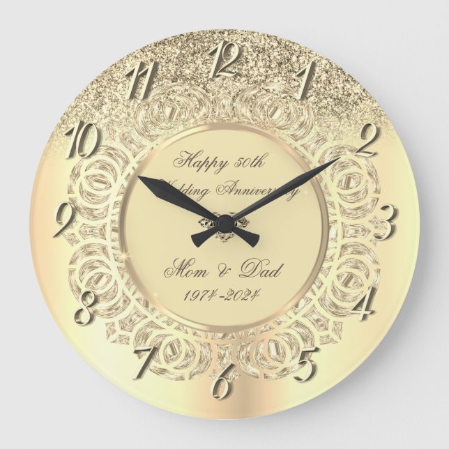 Chic Gold Glitzer Wirbel 50 Hochzeitstag Große Wanduhr (Vorderseite)