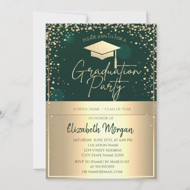 Chic Gold Grad Cap, Diamonds Green Abschluss Einladung (Vorderseite)
