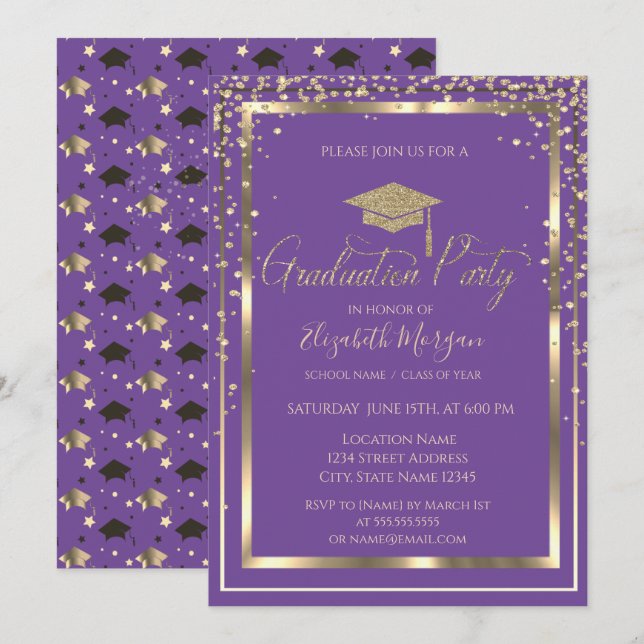 Chic Gold Graduation Cap Violet Abschluss Einladung (Vorne/Hinten)