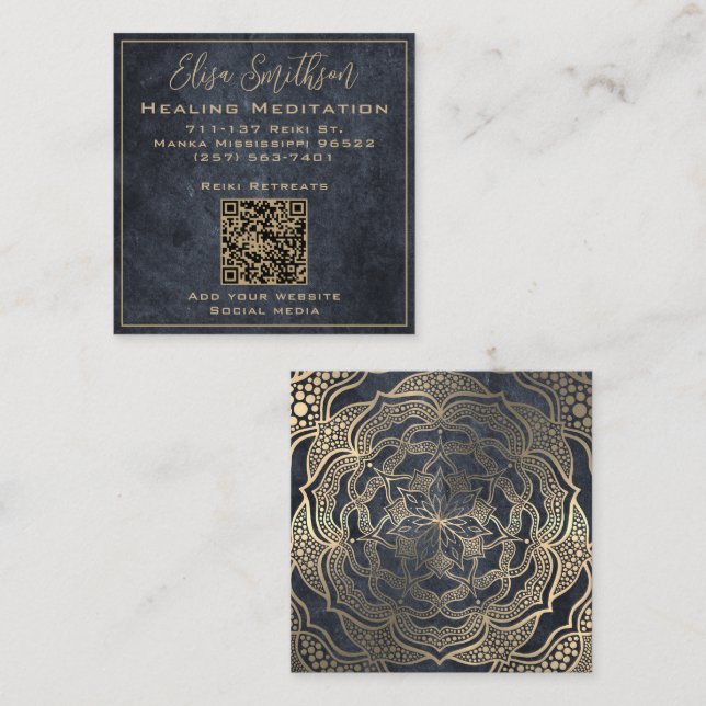 Chic Gold & Gray Mandala Reiki Heilmediation Quadratische Visitenkarte (Vorne/Hinten)