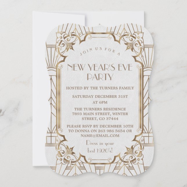 Chic Gold Great Gatsby White 1920er New Year Party Einladung (Vorderseite)