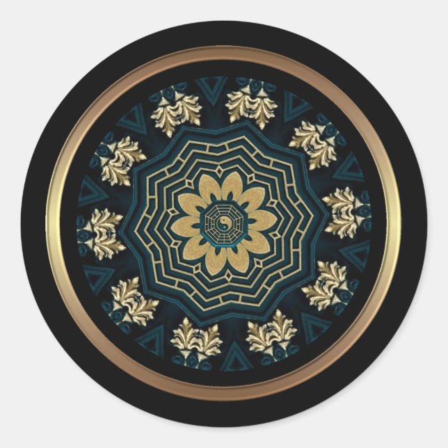 Chic Gold & Green Asian Style 2 Runder Aufkleber (Vorderseite)