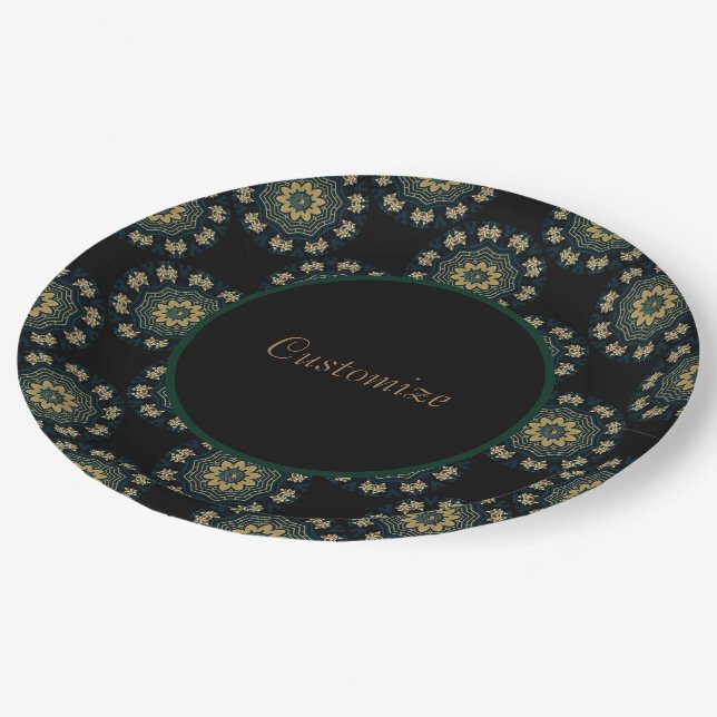 Chic Gold & Green Asian Style Muster Pappteller (Schrägansicht)
