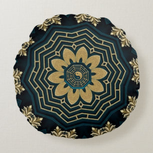 Chic Gold & Green Asian Style Rundes Kissen